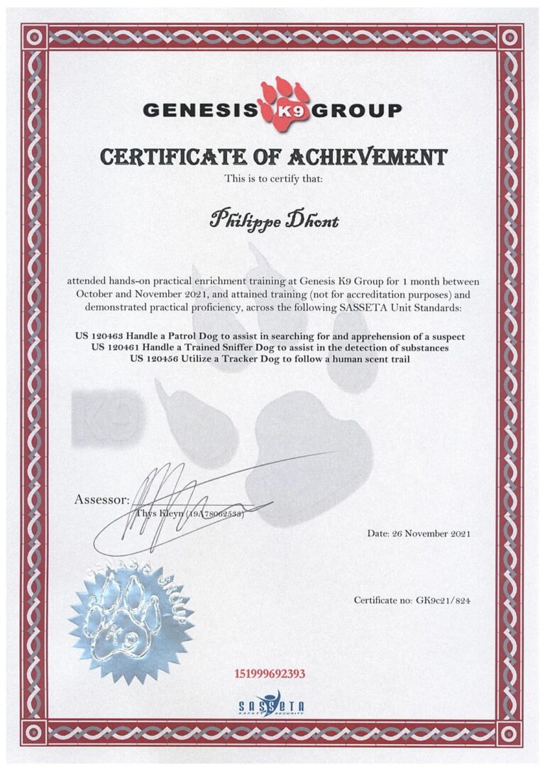 Certificate of Achievement van Genesis K9 Group voor Philippe Dhont