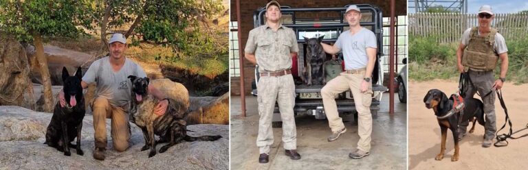 Philippe Dhont met speurhonden tijdens zijn opleiding in Zuid-Afrika