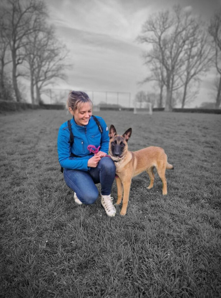 Loua de Mechelse herder als pup met haar baasje op een grasveld