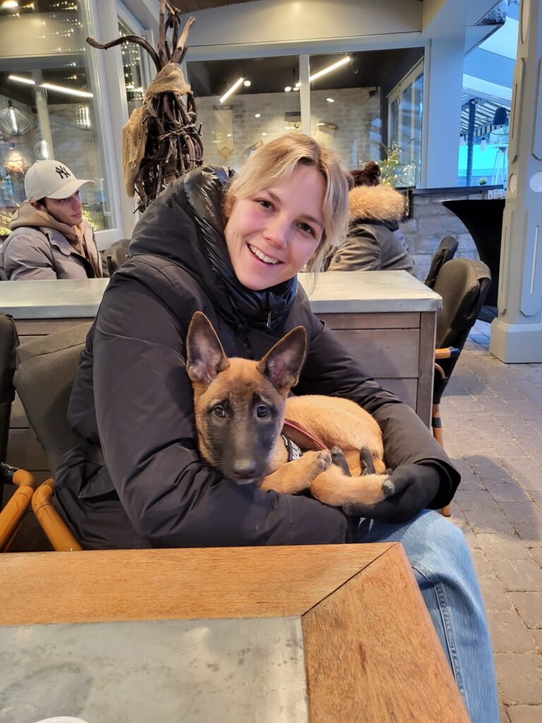 Loua de Mechelse herder als pup op de schoot van haar baasje in een restaurant