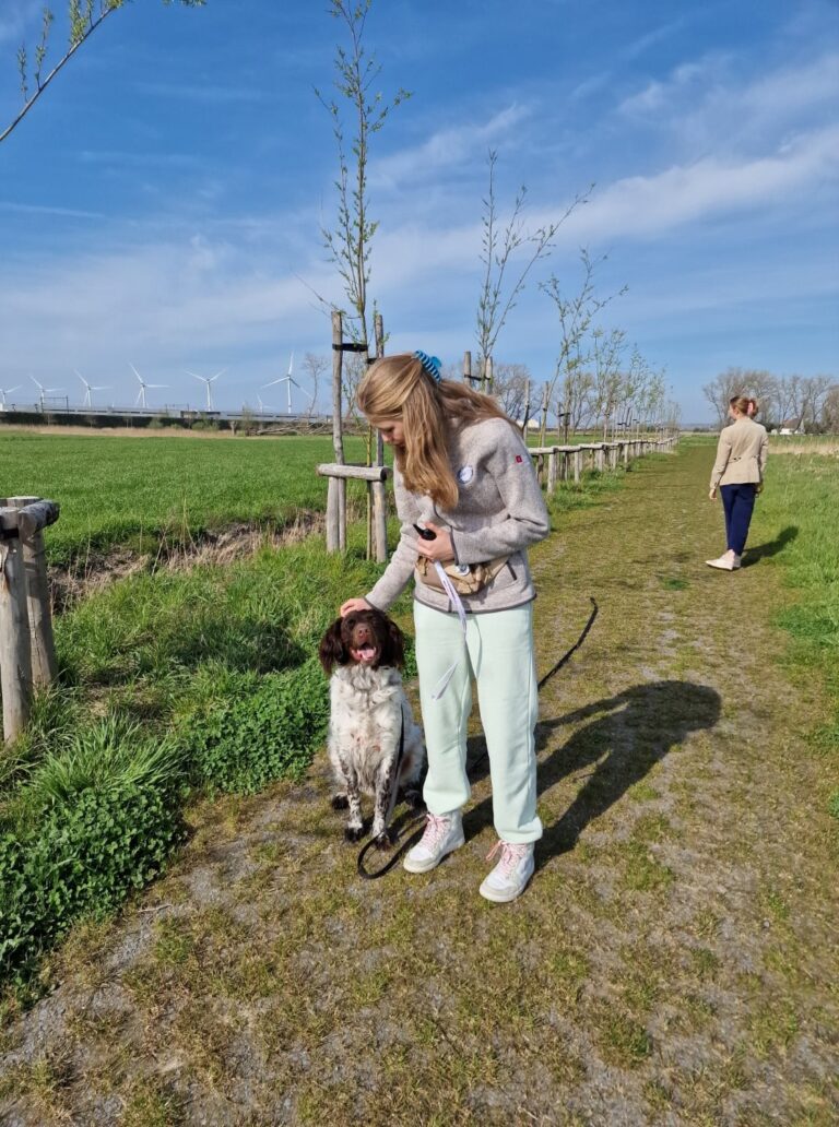 Richard de kleine münsterländer met zijn baasje op een grasveld